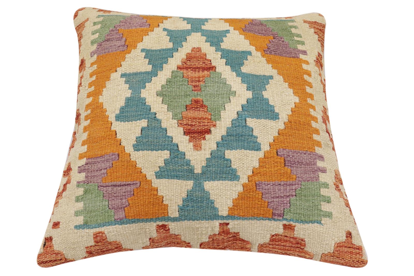 handmade Traditional Pillow Rust Blue Hand-Woven SQUARE 100% WOOL Hand woven turkish pillow2' x 2'