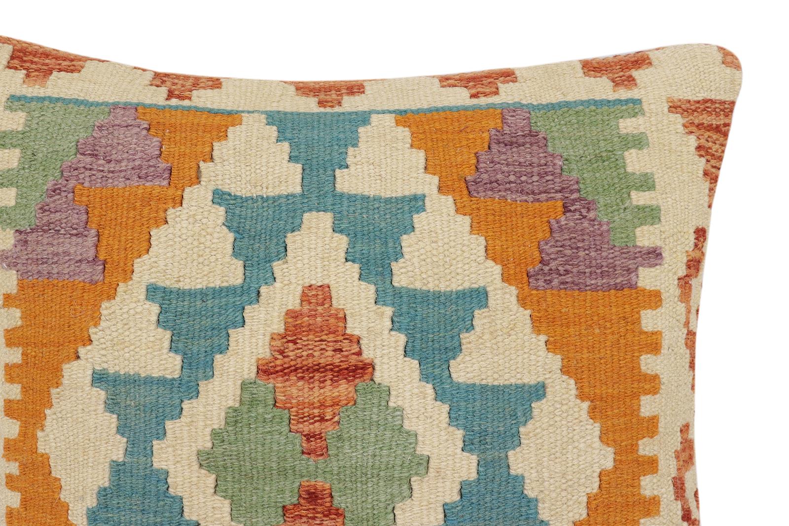 handmade Traditional Pillow Rust Blue Hand-Woven SQUARE 100% WOOL Hand woven turkish pillow2' x 2'