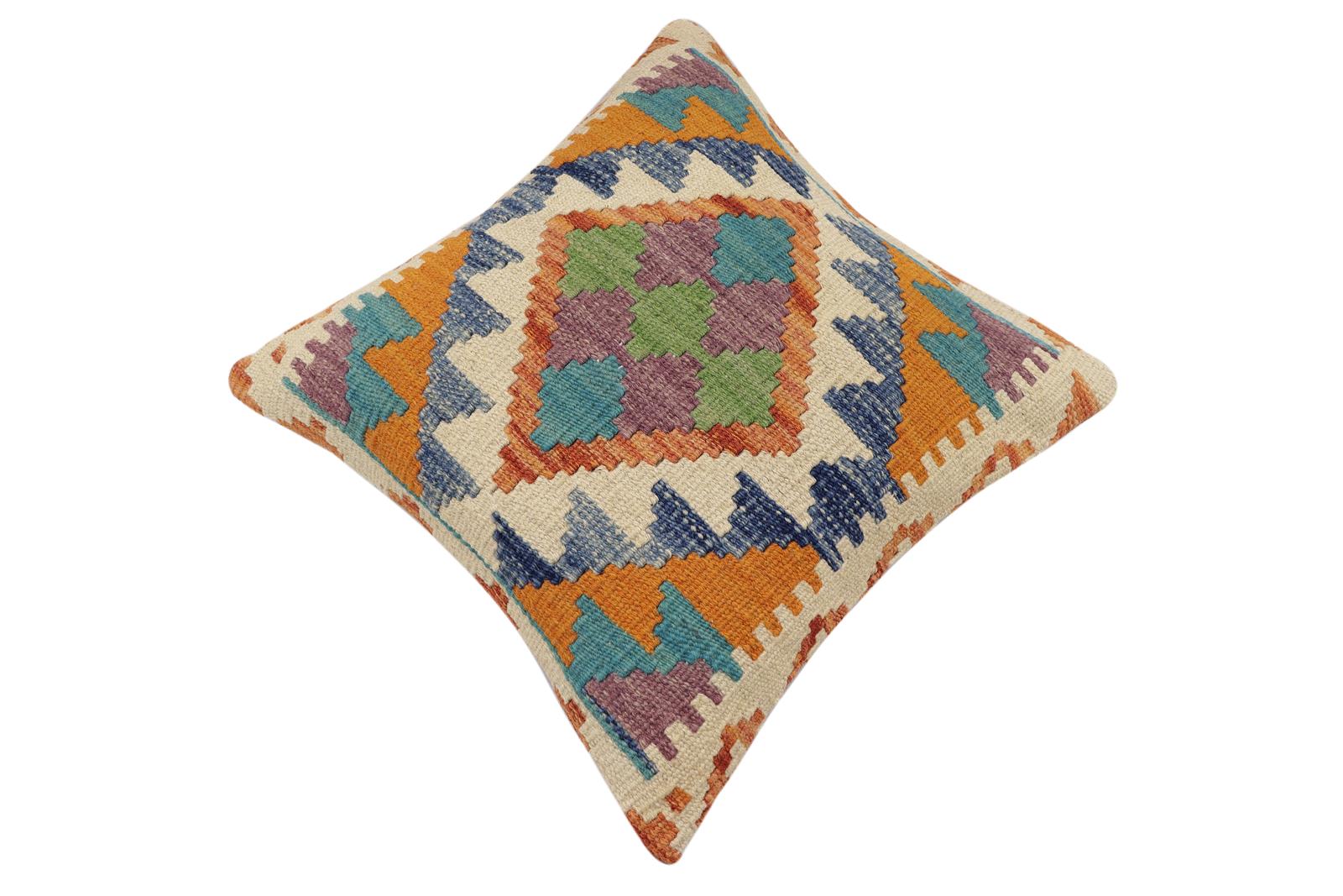handmade Traditional Pillow Rust Blue Hand-Woven SQUARE 100% WOOL Hand woven turkish pillow2' x 2'