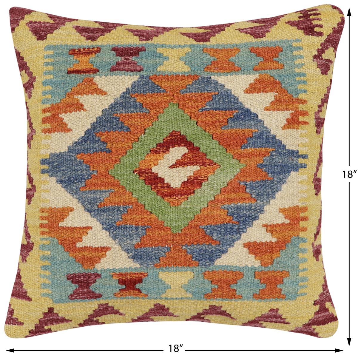 handmade Traditional Pillow Rust Blue Hand-Woven SQUARE 100% WOOL Hand woven turkish pillow2' x 2'
