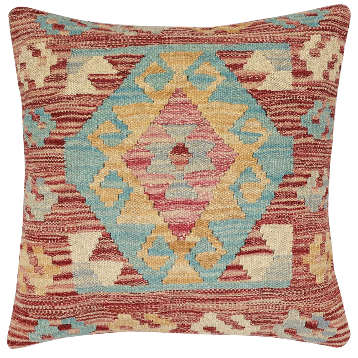 handmade Traditional Pillow Red Blue Hand-Woven SQUARE 100% WOOL Hand woven turkish pillow2' x 2'