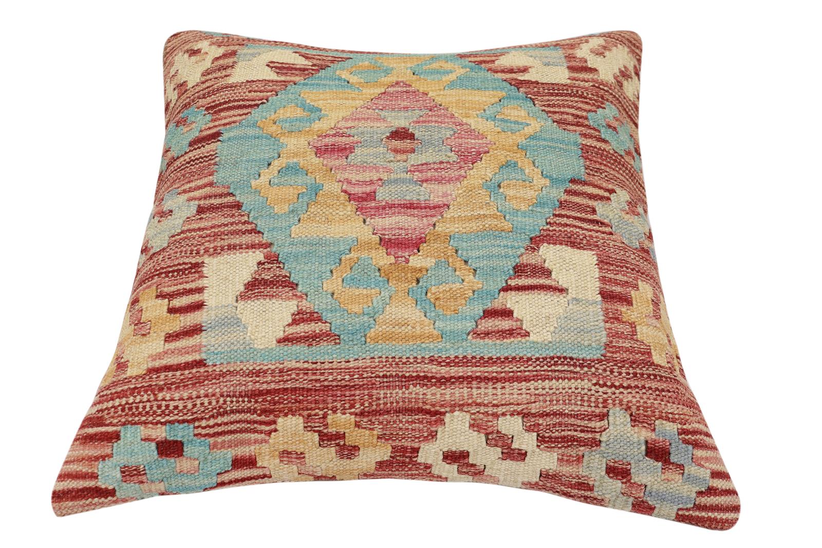handmade Traditional Pillow Red Blue Hand-Woven SQUARE 100% WOOL Hand woven turkish pillow2' x 2'