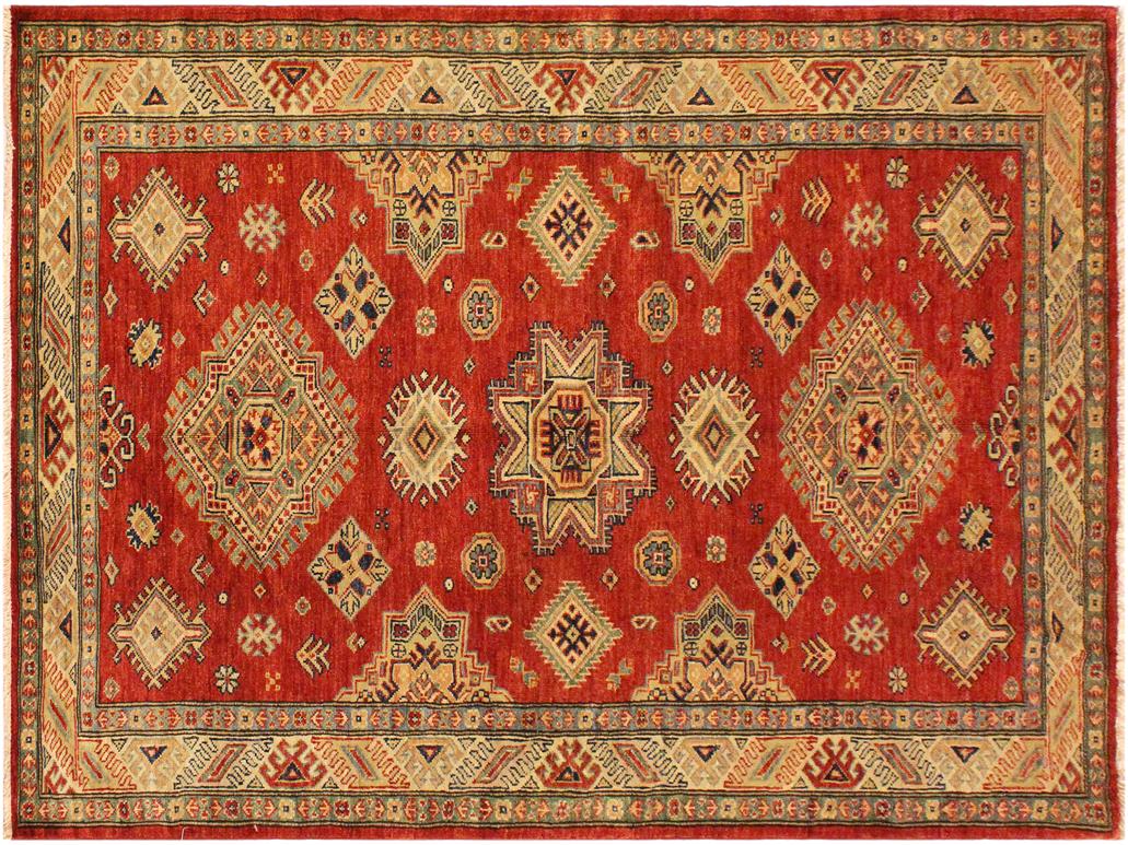 handmade Geometric Super Kazak Red Tan Hand Knotted RECTANGLE 100% WOOL area rug 4x6