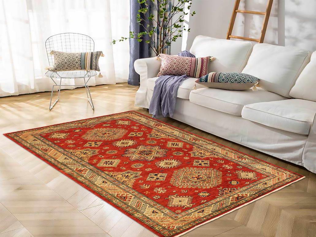 handmade Geometric Super Kazak Red Tan Hand Knotted RECTANGLE 100% WOOL area rug 4x6
