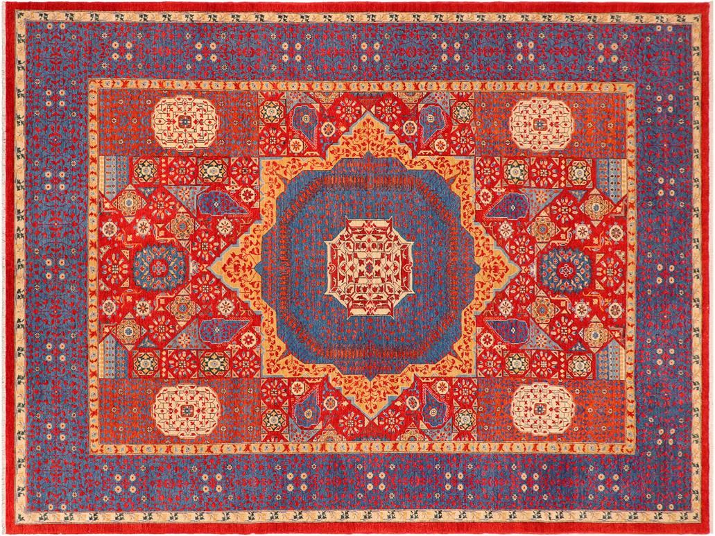 handmade Geometric Mamluk Red Blue Hand Knotted RECTANGLE 100% WOOL area rug 10x14