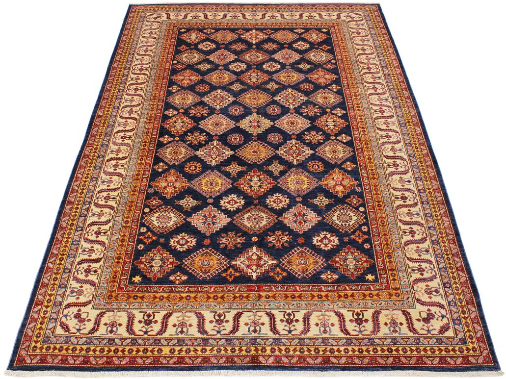 handmade Geometric Super Kazak Blue Beige Hand Knotted RECTANGLE 100% WOOL area rug 9x12