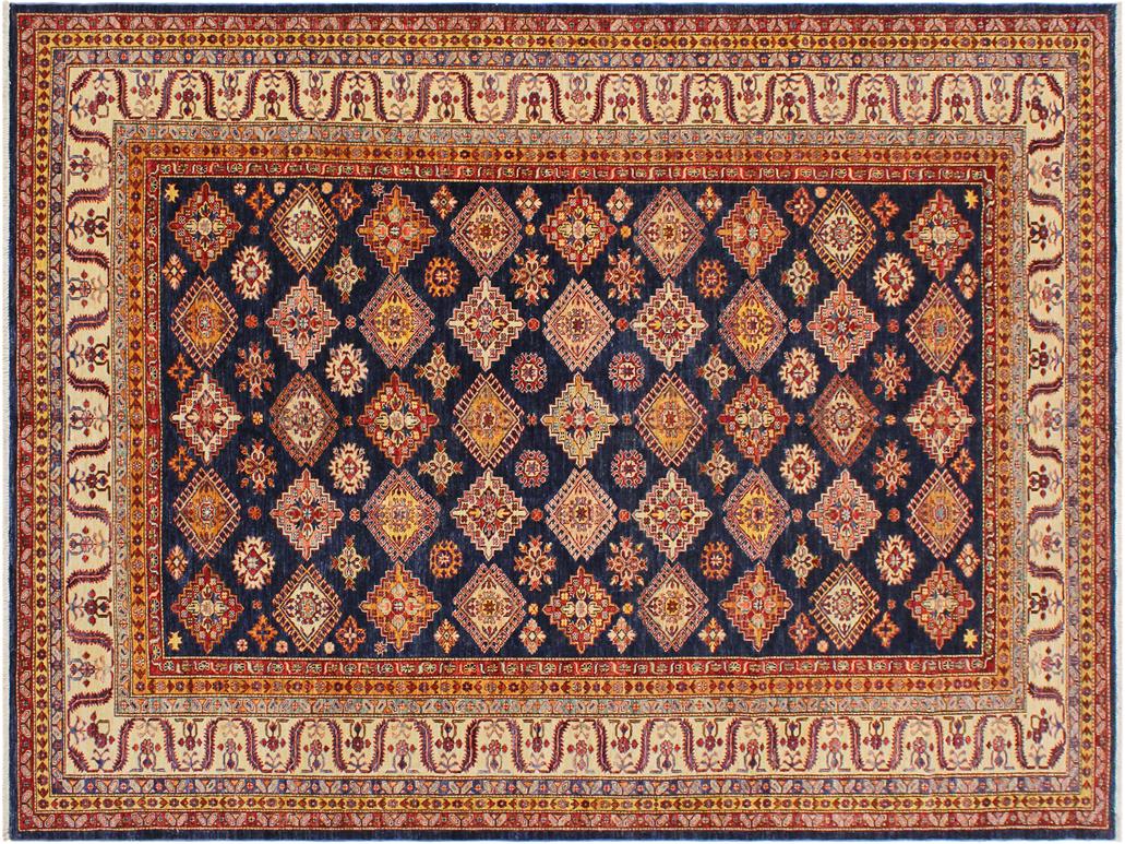 handmade Geometric Super Kazak Blue Beige Hand Knotted RECTANGLE 100% WOOL area rug 9x12