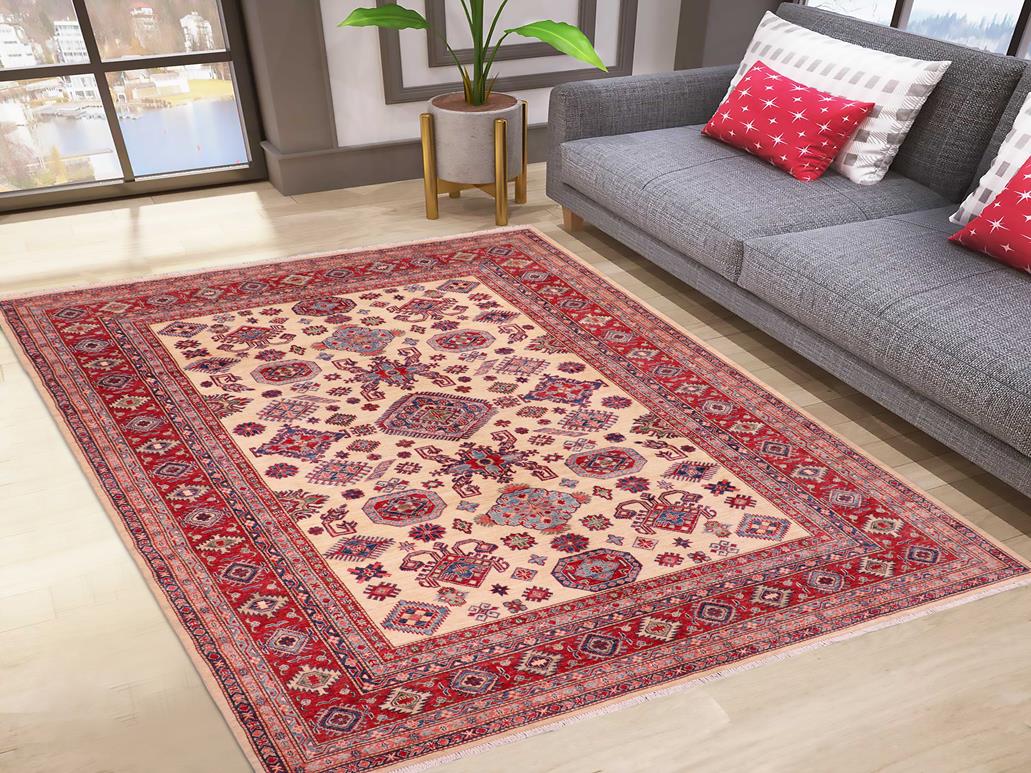 handmade Geometric Super Kazak Beige Red Hand Knotted RECTANGLE 100% WOOL area rug 8x10