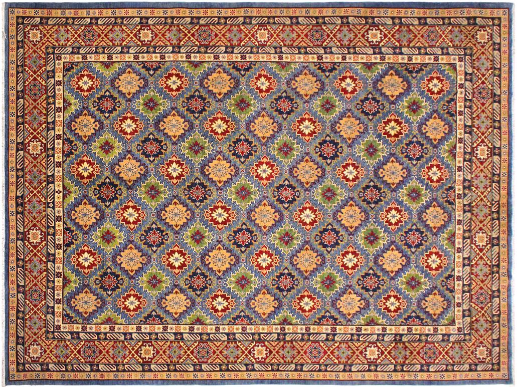 handmade Geometric Kazak Lt. Blue Red Hand Knotted RECTANGLE 100% WOOL area rug 10x14