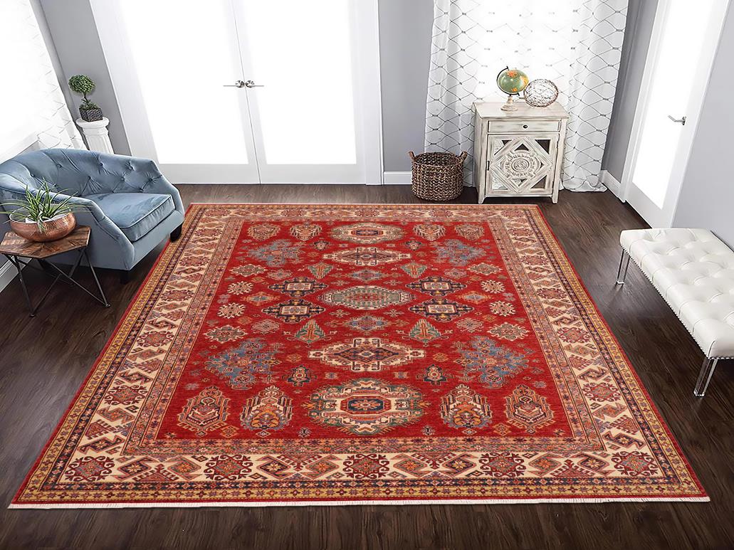 handmade Geometric Super Kazak Red Beige Hand Knotted RECTANGLE 100% WOOL area rug 9x13