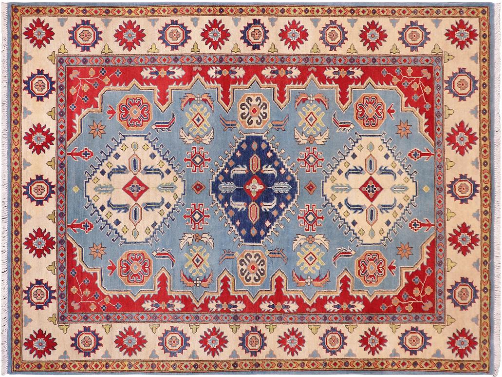 handmade Geometric Kazak Blue Beige Hand Knotted RECTANGLE 100% WOOL area rug 6x8