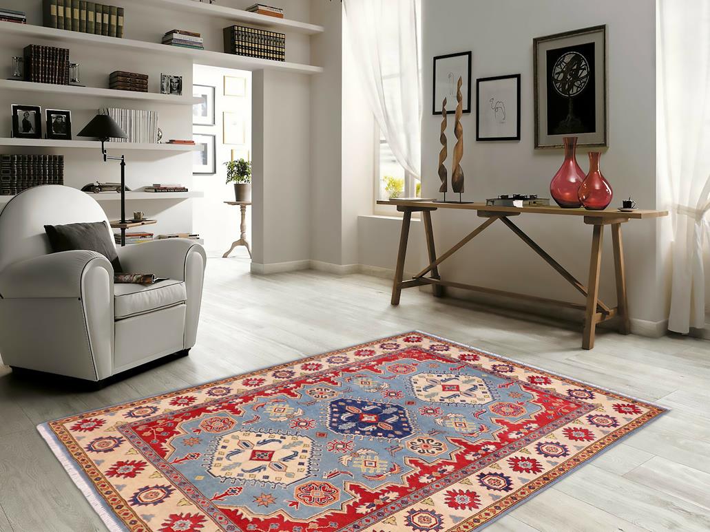 handmade Geometric Kazak Blue Beige Hand Knotted RECTANGLE 100% WOOL area rug 6x8