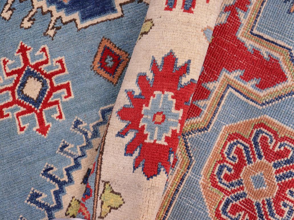 handmade Geometric Kazak Blue Beige Hand Knotted RECTANGLE 100% WOOL area rug 6x8
