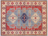handmade Geometric Kazak Blue Beige Hand Knotted RECTANGLE 100% WOOL area rug 6x8