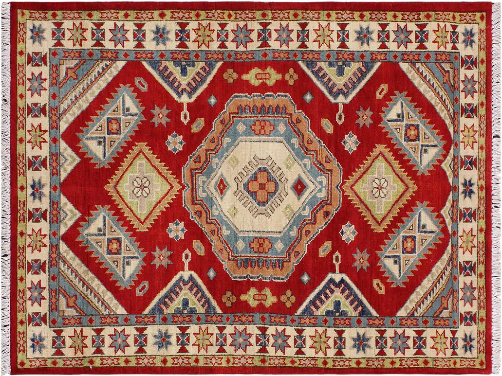 handmade Geometric Kazak Red Beige Hand Knotted RECTANGLE 100% WOOL area rug 3x5