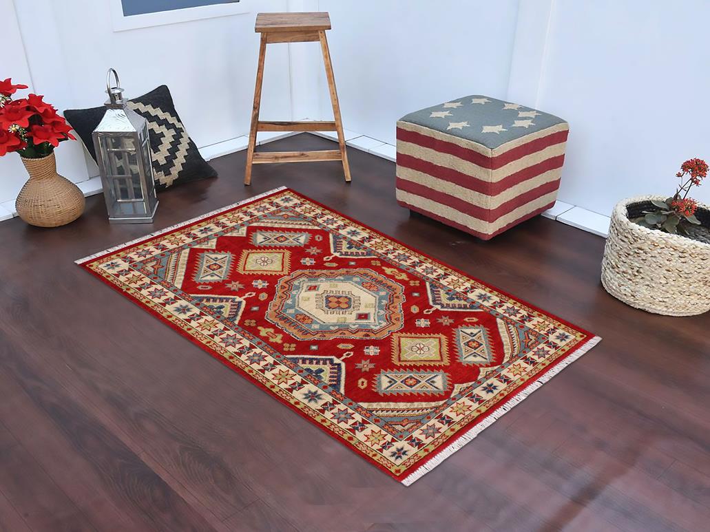handmade Geometric Kazak Red Beige Hand Knotted RECTANGLE 100% WOOL area rug 3x5