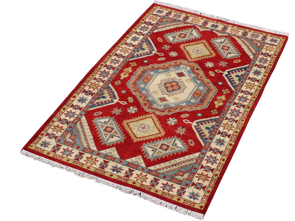 handmade Geometric Kazak Red Beige Hand Knotted RECTANGLE 100% WOOL area rug 3x5