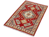 handmade Geometric Kazak Red Beige Hand Knotted RECTANGLE 100% WOOL area rug 3x5