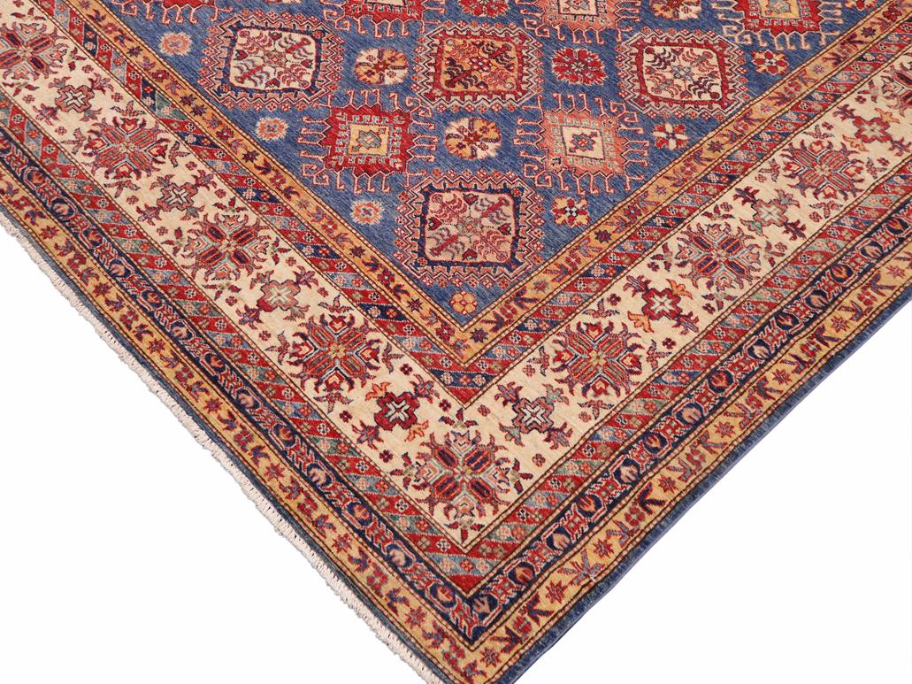 handmade Geometric Super Kazak Blue Beige Hand Knotted RECTANGLE 100% WOOL area rug 9x13