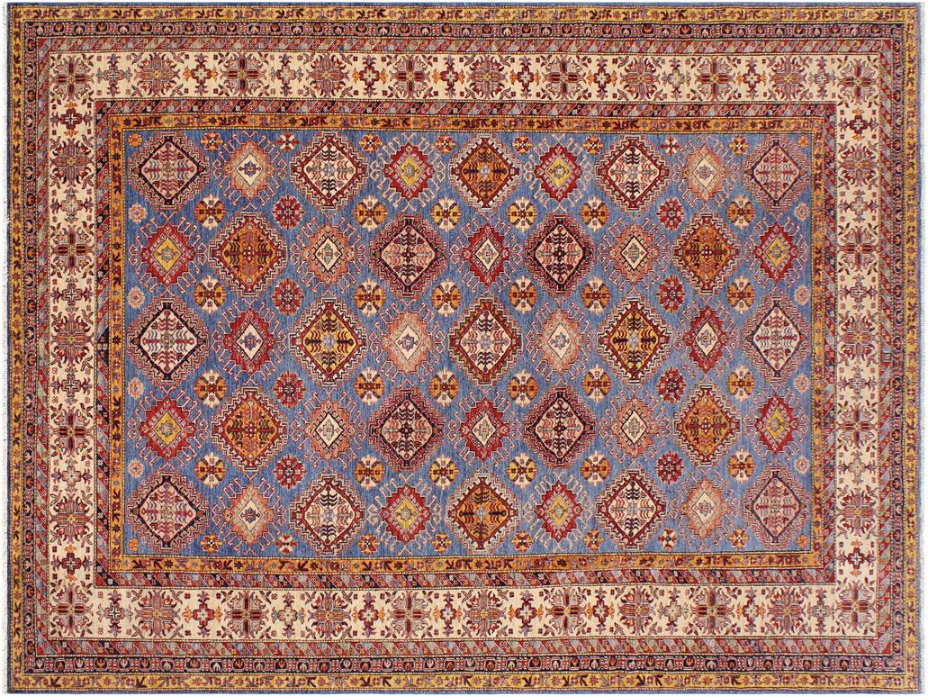 handmade Geometric Super Kazak Blue Beige Hand Knotted RECTANGLE 100% WOOL area rug 9x12