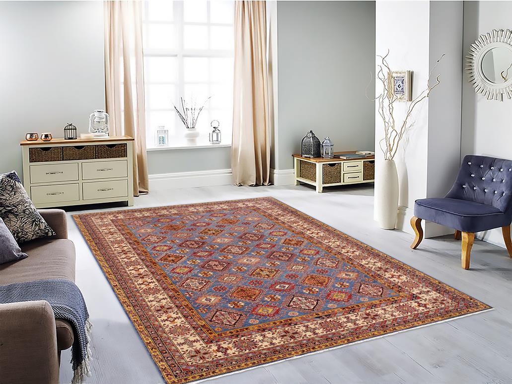 handmade Geometric Super Kazak Blue Beige Hand Knotted RECTANGLE 100% WOOL area rug 9x12
