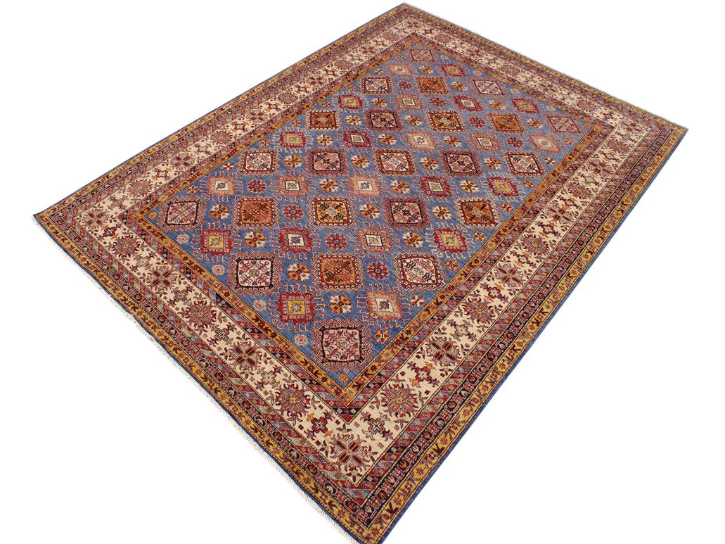 handmade Geometric Super Kazak Blue Beige Hand Knotted RECTANGLE 100% WOOL area rug 9x12
