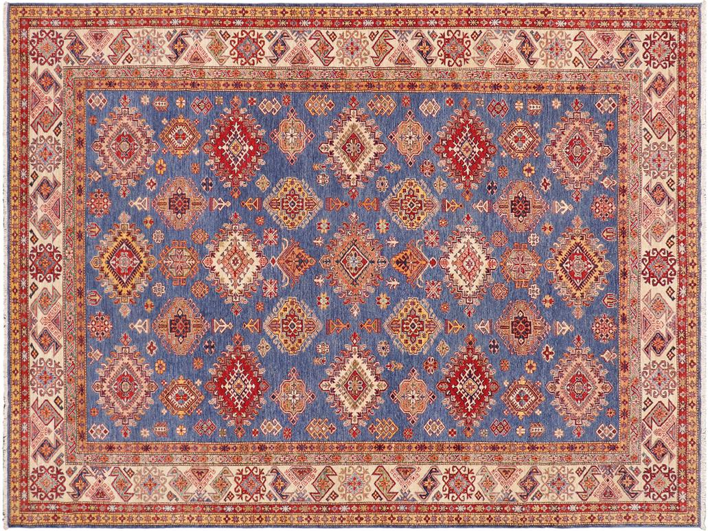 handmade Geometric Super Kazak Blue Beige Hand Knotted RECTANGLE 100% WOOL area rug 9x12