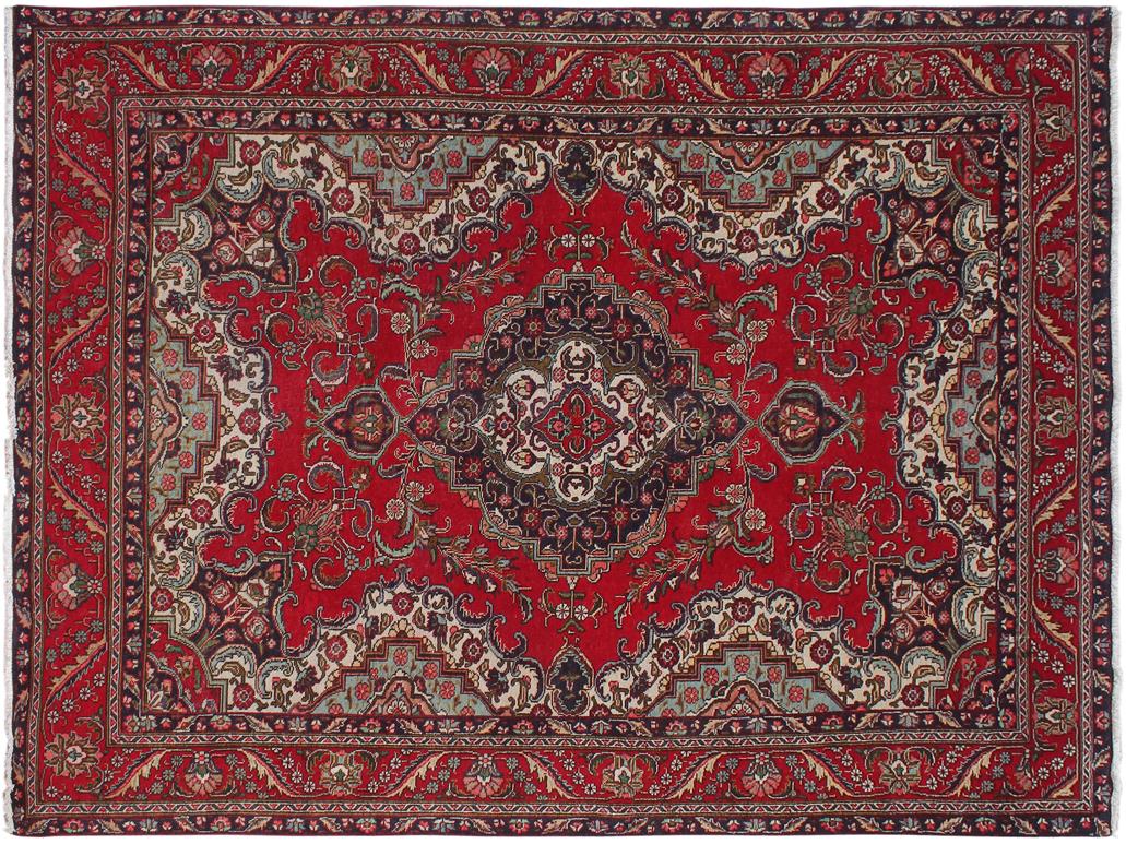 handmade Medallion, Traditional Tabriz Red Blue Hand Knotted RECTANGLE 100% WOOL area rug 7x11