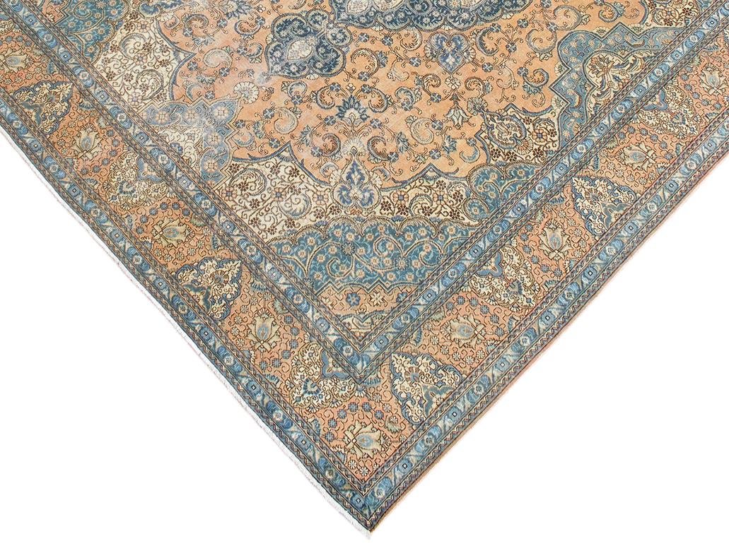 handmade Medallion, Traditional Tabriz Tan Blue Hand Knotted RECTANGLE 100% WOOL area rug 10x13