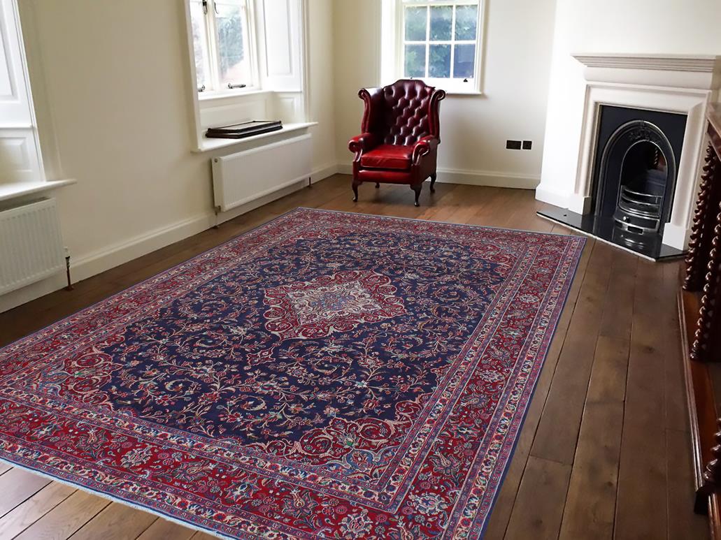 handmade Medallion, Traditional Kashan Blue Red Hand Knotted RECTANGLE 100% WOOL area rug 10x13