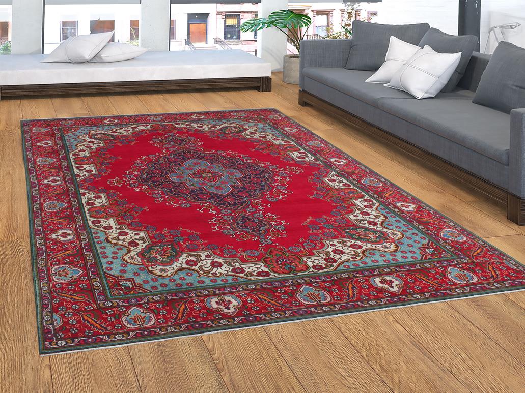 handmade Medallion, Traditional Tabriz Red Blue Hand Knotted RECTANGLE 100% WOOL area rug 10x13