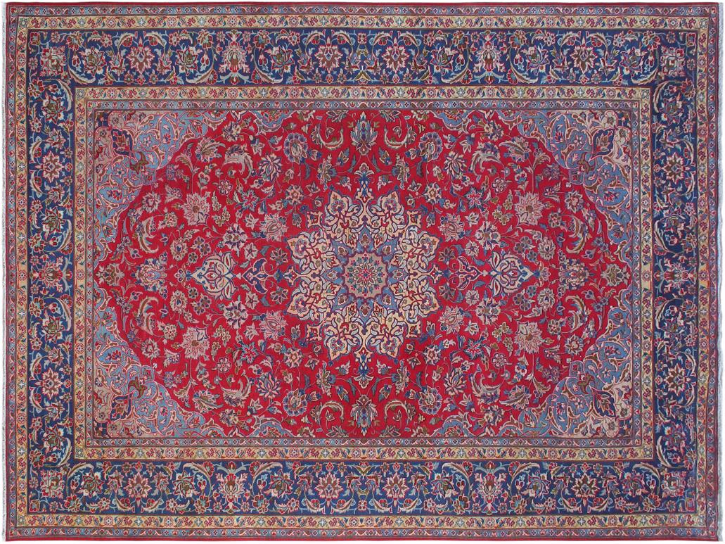 handmade Medallion, Traditional Kashan Red Blue Hand Knotted RECTANGLE 100% WOOL area rug 10x13