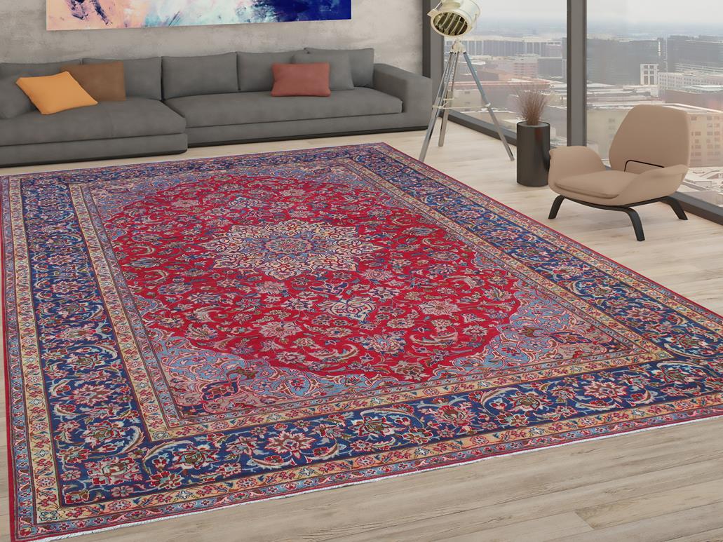 handmade Medallion, Traditional Kashan Red Blue Hand Knotted RECTANGLE 100% WOOL area rug 10x13