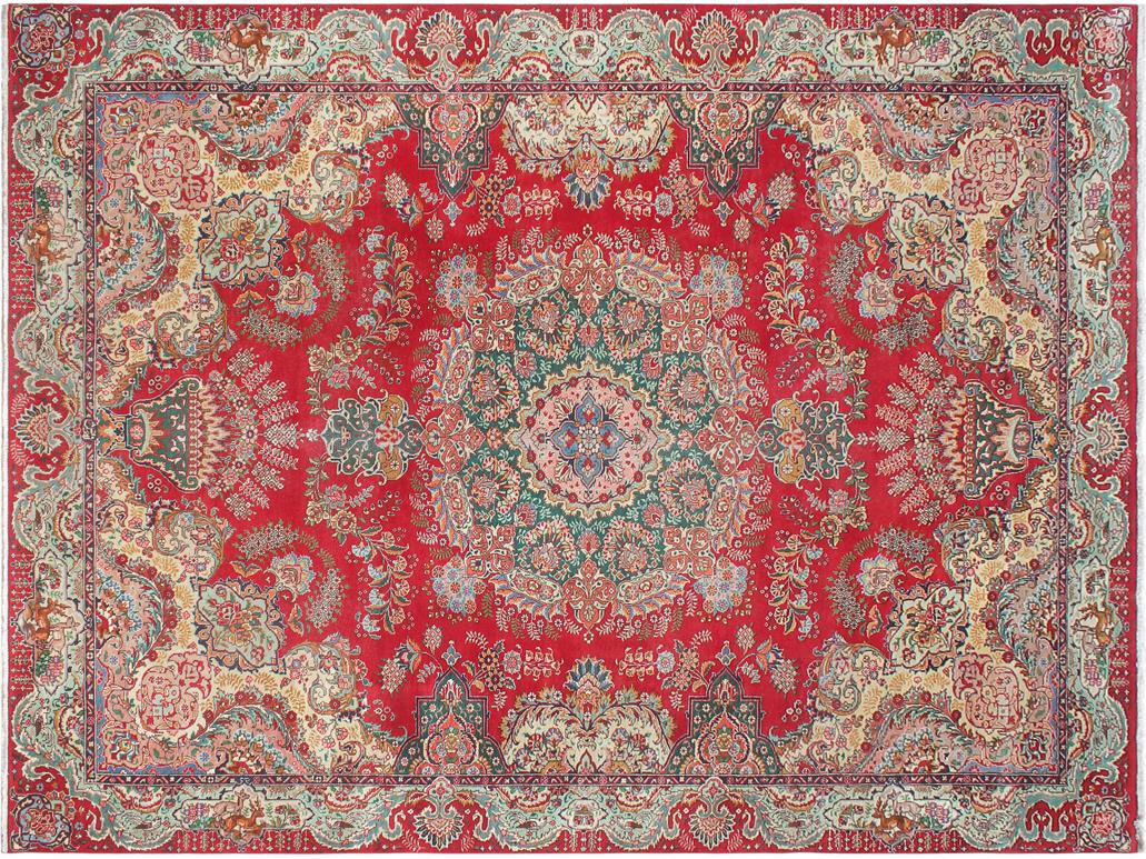 handmade Medallion, Traditional Tabriz Red Green Hand Knotted RECTANGLE 100% WOOL area rug 10x13