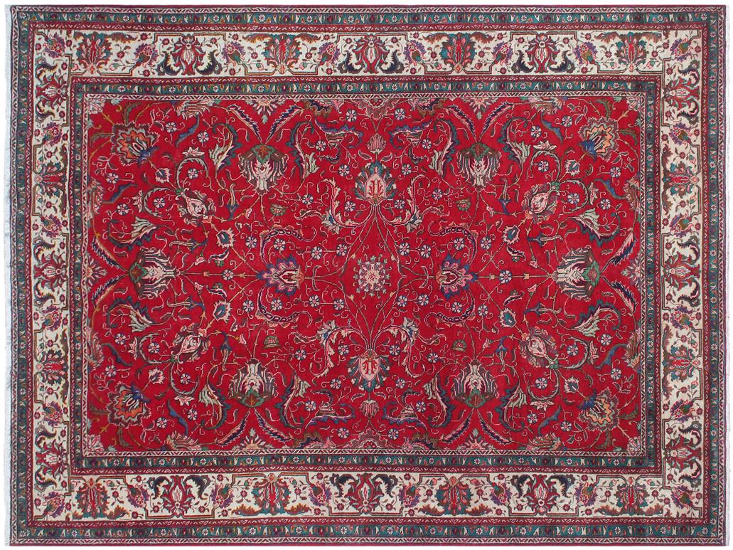 handmade Medallion, Traditional Tabriz Red Beige Hand Knotted RECTANGLE 100% WOOL area rug 9x12