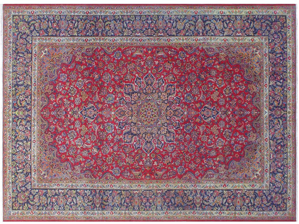 handmade Medallion, Traditional Kashan Red Blue Hand Knotted RECTANGLE 100% WOOL area rug 10x14