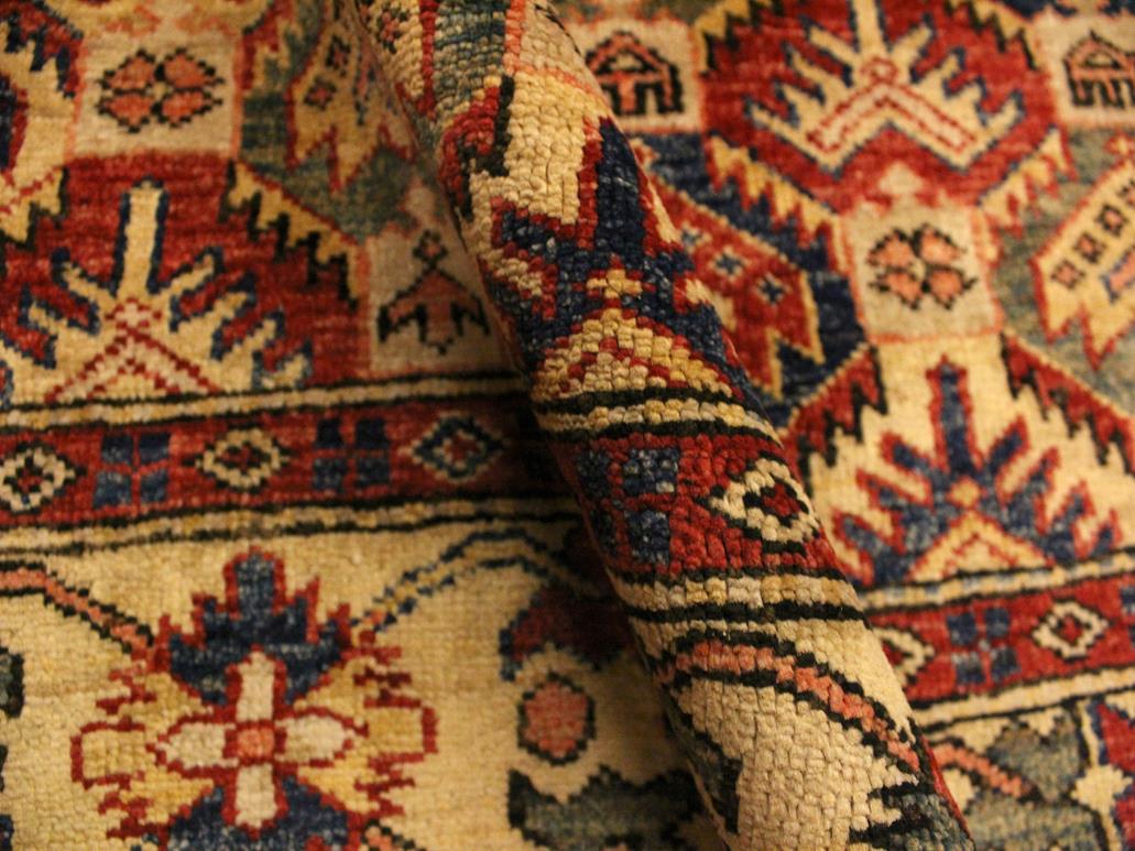 handmade Geometric Super Kazak Gold Blue Hand Knotted RECTANGLE 100% WOOL area rug 4x6