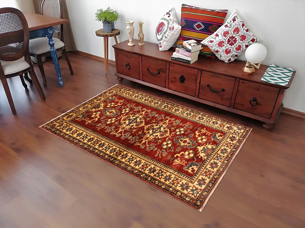 handmade Geometric Super Kazak Red Gold Hand Knotted RECTANGLE 100% WOOL area rug 4x6