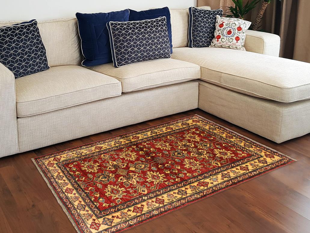 handmade Geometric Super Kazak Red Gold Hand Knotted RECTANGLE 100% WOOL area rug 4x5