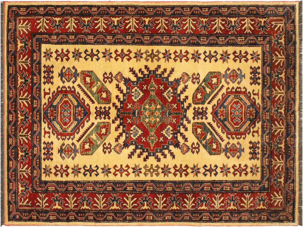 handmade Geometric Super Kazak Gold Red Hand Knotted RECTANGLE 100% WOOL area rug 5x6