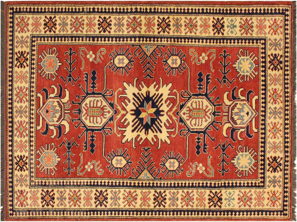 handmade Geometric Super Kazak Rust Beige Hand Knotted RECTANGLE 100% WOOL area rug 4x6