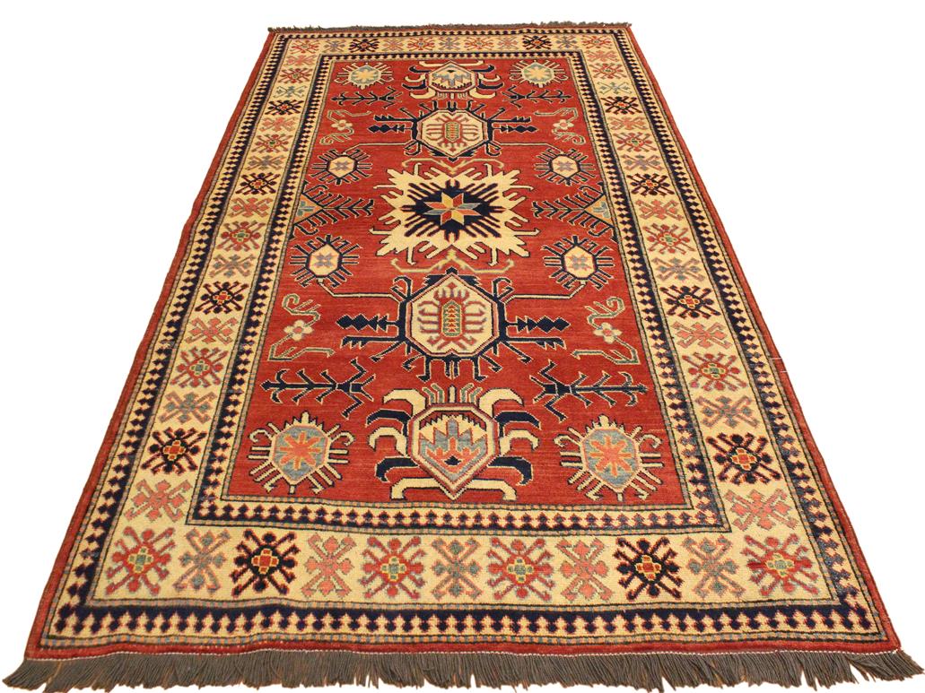 handmade Geometric Super Kazak Rust Beige Hand Knotted RECTANGLE 100% WOOL area rug 4x6