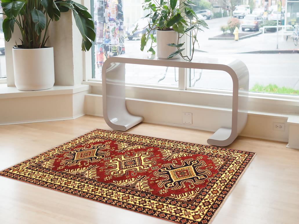 handmade Geometric Super Kazak Red Beige Hand Knotted RECTANGLE 100% WOOL area rug 4x6