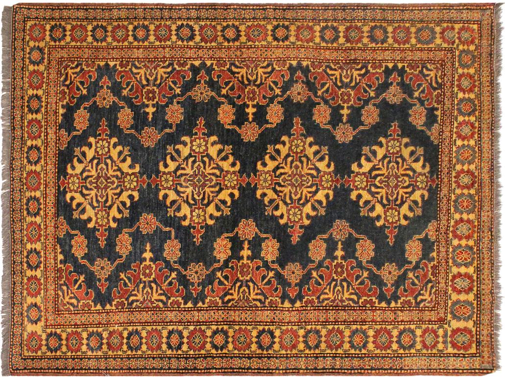 handmade Geometric Super Kazak Blue Tan Hand Knotted RECTANGLE 100% WOOL area rug 5x6