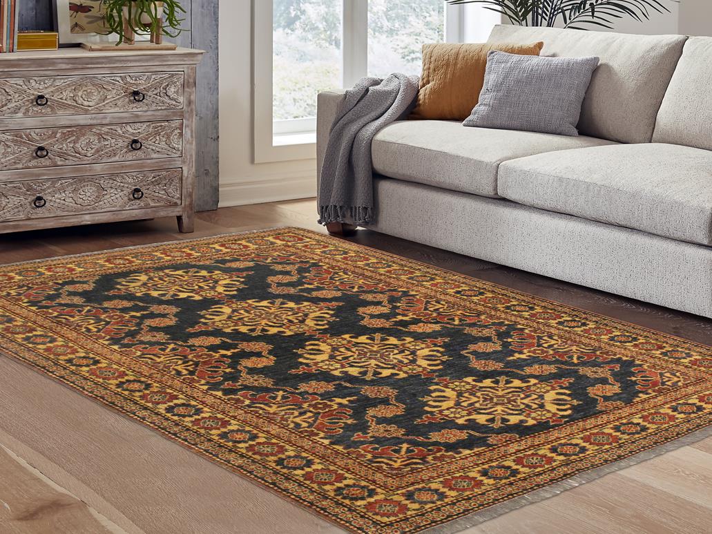 handmade Geometric Super Kazak Blue Tan Hand Knotted RECTANGLE 100% WOOL area rug 5x6