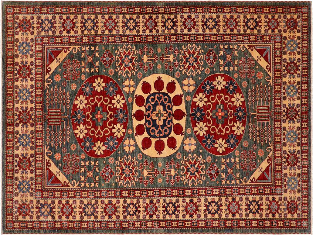 handmade Geometric Super Kazak Green Beige Hand Knotted RECTANGLE 100% WOOL area rug 7x10