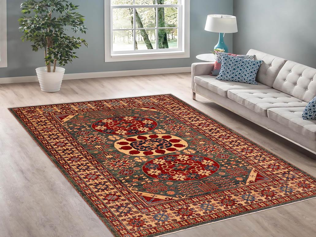 handmade Geometric Super Kazak Green Beige Hand Knotted RECTANGLE 100% WOOL area rug 7x10