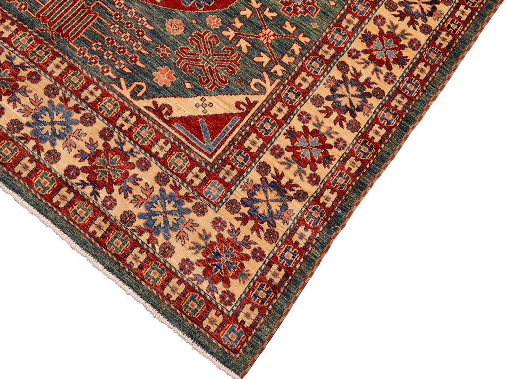 handmade Geometric Super Kazak Green Beige Hand Knotted RECTANGLE 100% WOOL area rug 7x10
