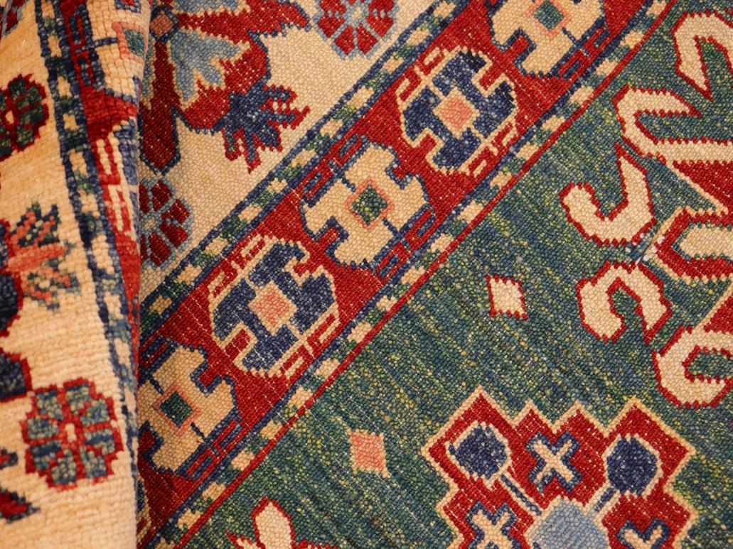 handmade Geometric Super Kazak Green Beige Hand Knotted RECTANGLE 100% WOOL area rug 7x10