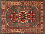 Tribal Super Kazak Magaly Green/Beige Wool Rug - 6'10'' x 9'6''